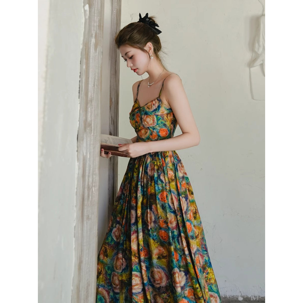 薔薇の花の油彩画キャミソールワンピース