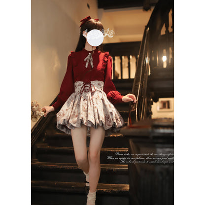 帆船と羅針盤の線画ストラップバルーンスカートとブラウス - Wine Red