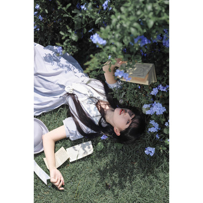 灰青のお嬢様の縦縞クラシカルワンピース