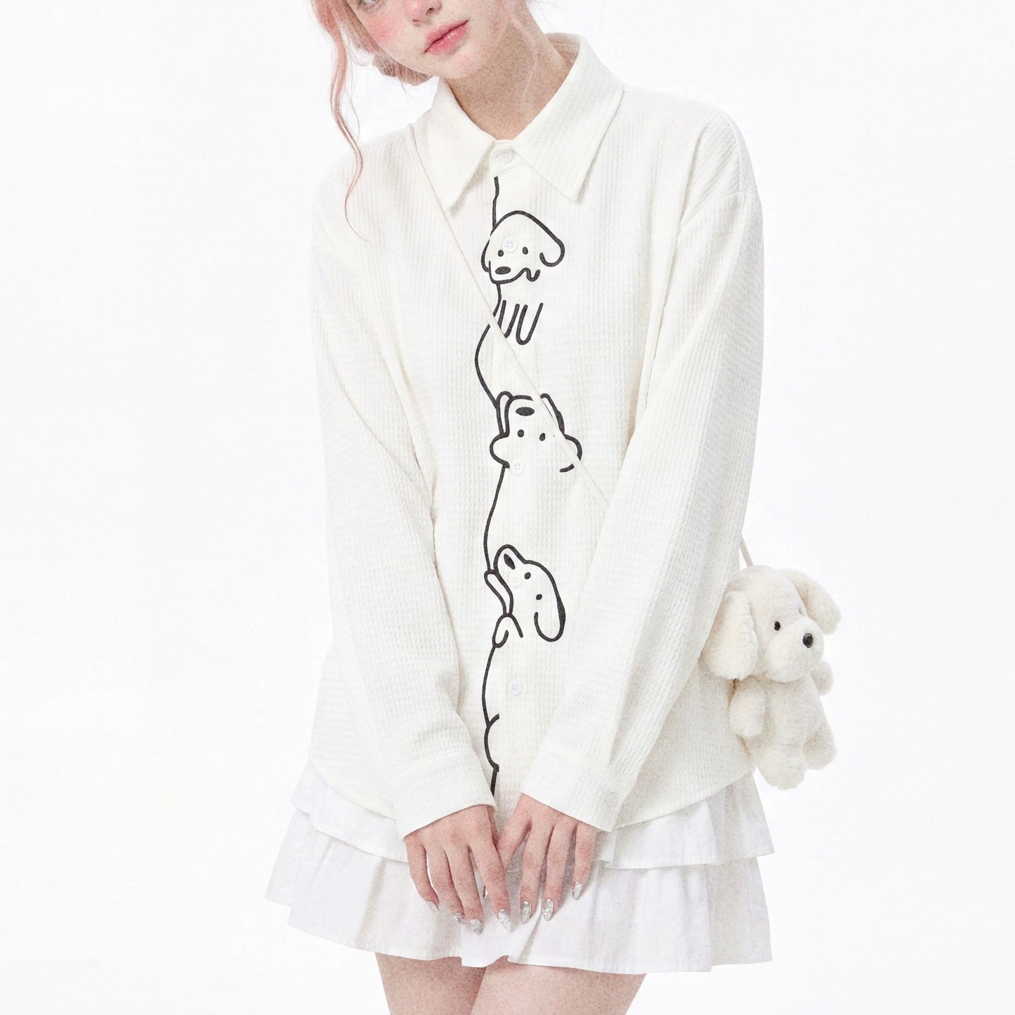 子犬の刺繍ブラウス - Milk White