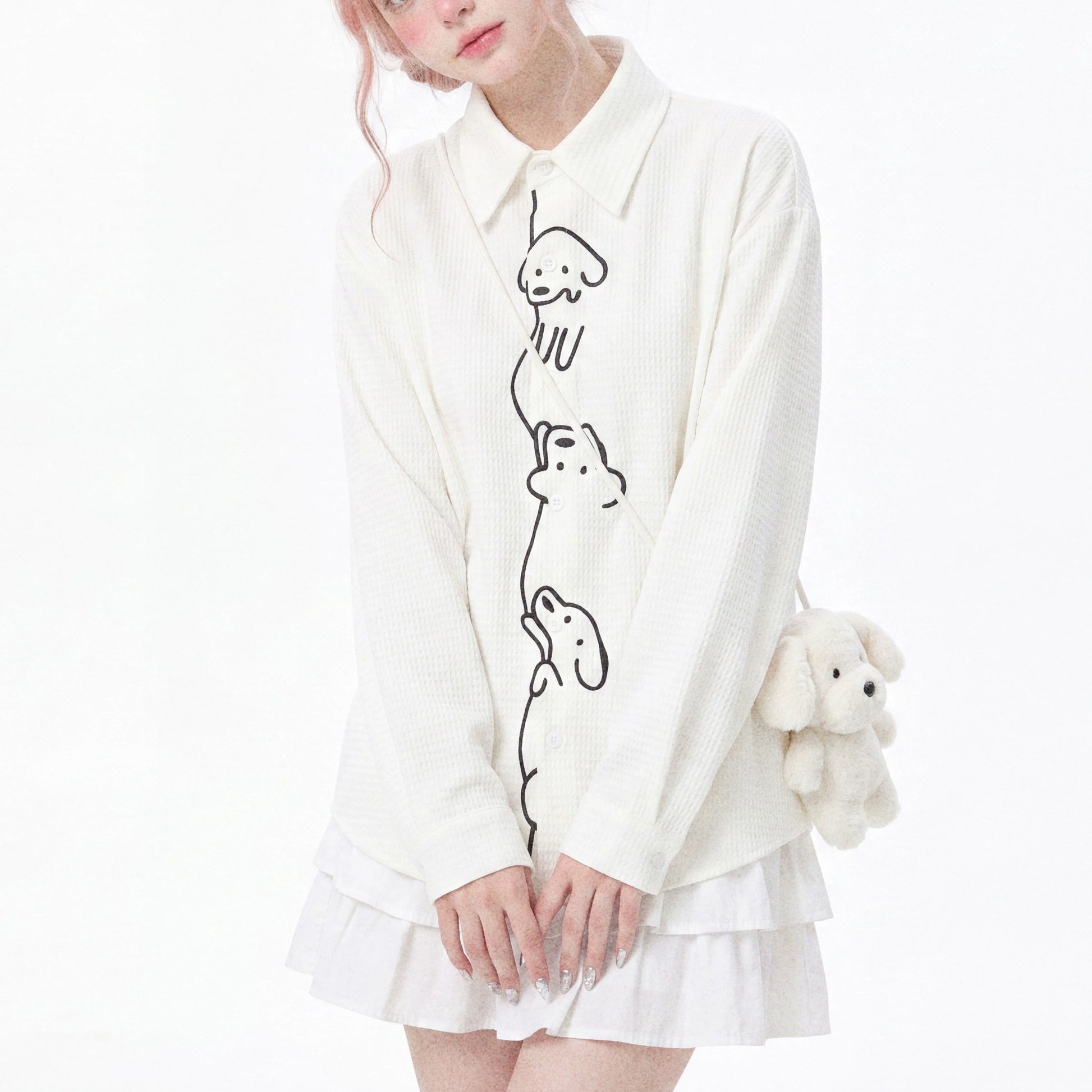 子犬の刺繍ブラウス - Milk White