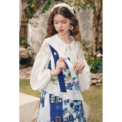 アイリスの花の油彩画ティアードワンピース