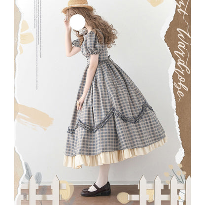 英国のお嬢様の格子柄レトロワンピース - Gray Navy