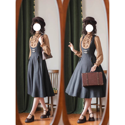 英国のお嬢様のクラシックジャンパースカート - Dark Gray