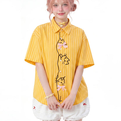 子猫の刺繍リボンシャツ - Golden Yellow