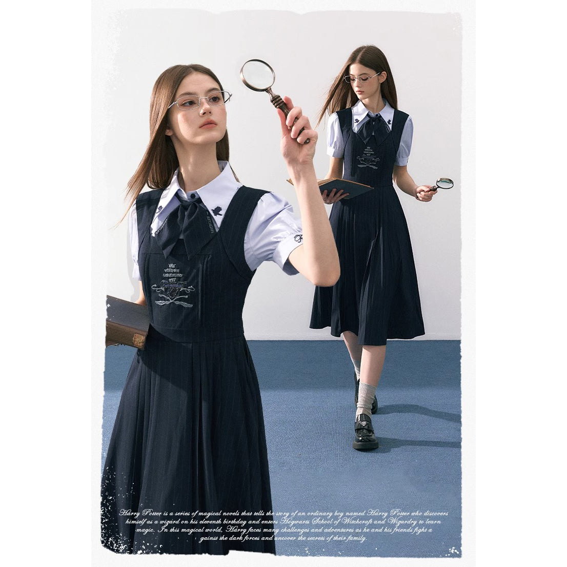 魔法学校の刺繍ジャンパースカートとブラウスとリボンタイ