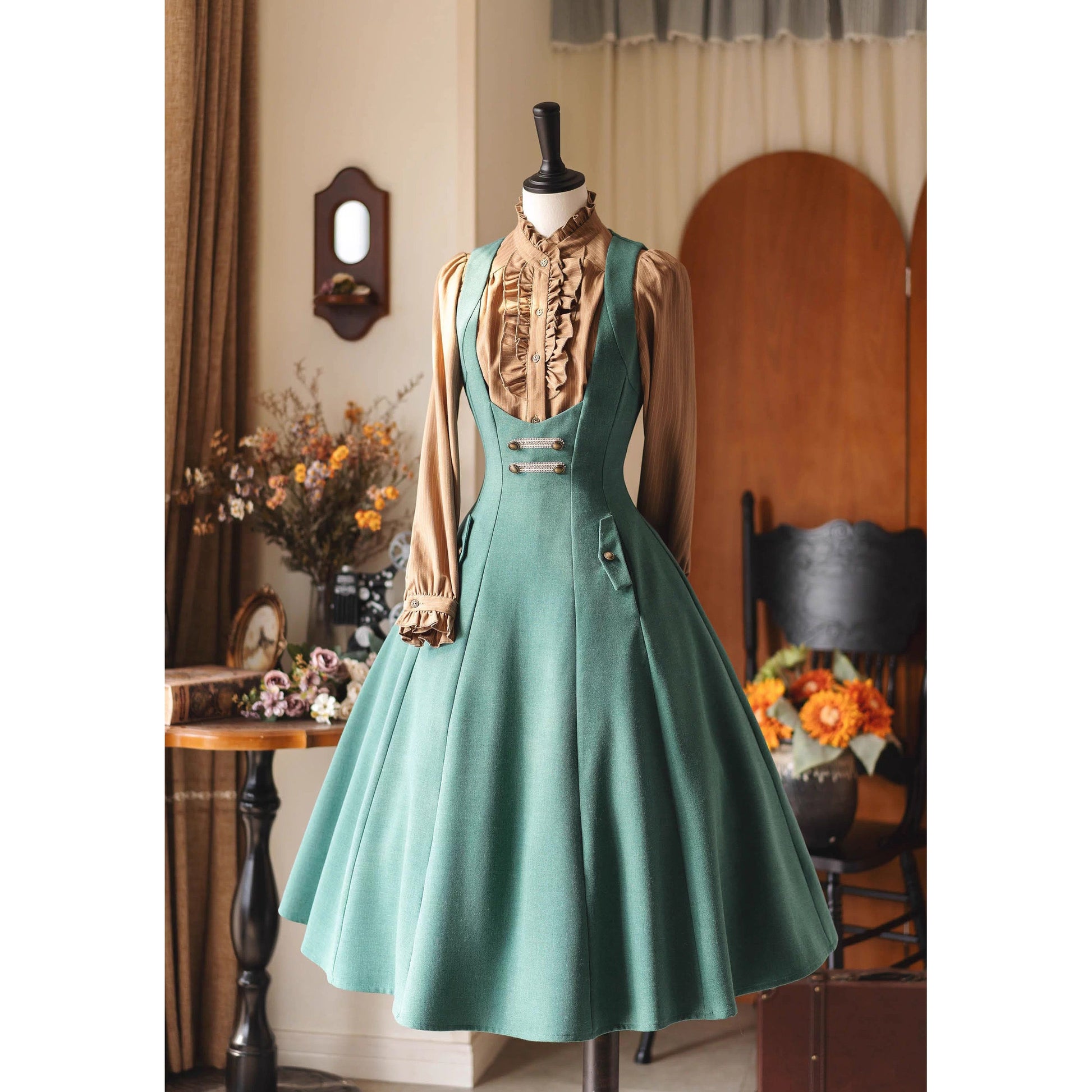 英国のお嬢様のクラシックジャンパースカート - Forest Green