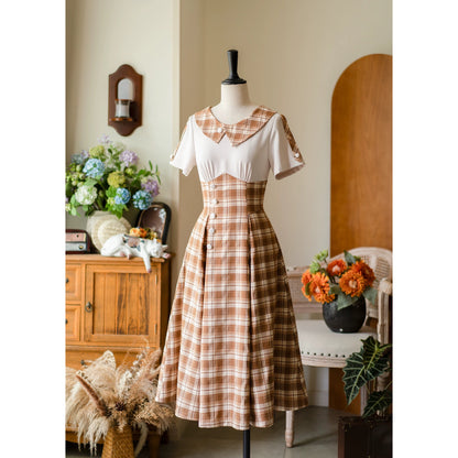 英国令嬢のレトロチェックワンピース - Light Brown