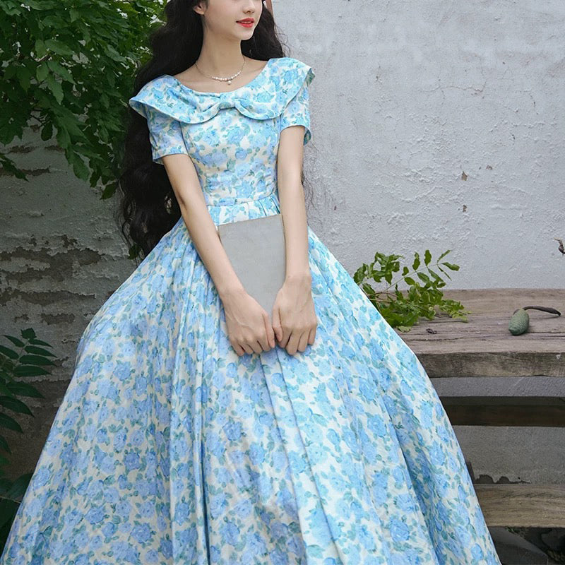 水縹の薔薇柄レトロワンピース