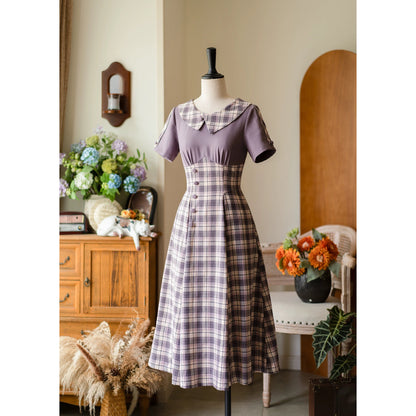 英国令嬢のレトロチェックワンピース - Light Purple