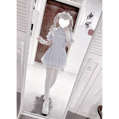 灰藍の天使の刺繍フリルワンピース