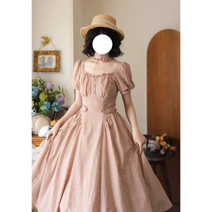 英国のお嬢様のクラシカルストライプワンピース - Carrot Orange