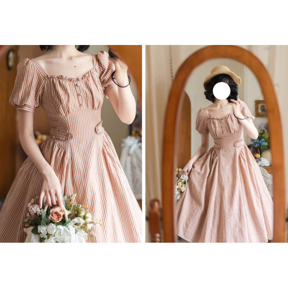 英国のお嬢様のクラシカルストライプワンピース - Carrot Orange