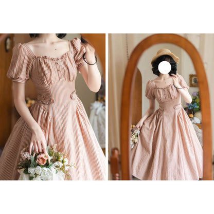 英国のお嬢様のクラシカルストライプワンピース - Carrot Orange