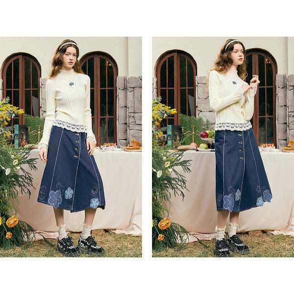 アイリスの花の刺繍ニットトップス