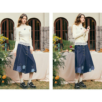 アイリスの花の刺繍ニットトップス