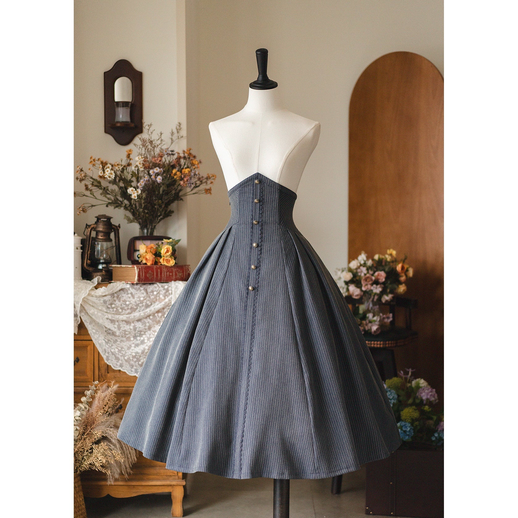 英国のお嬢様のショートジャケットとコルセットスカート - Gray Navy