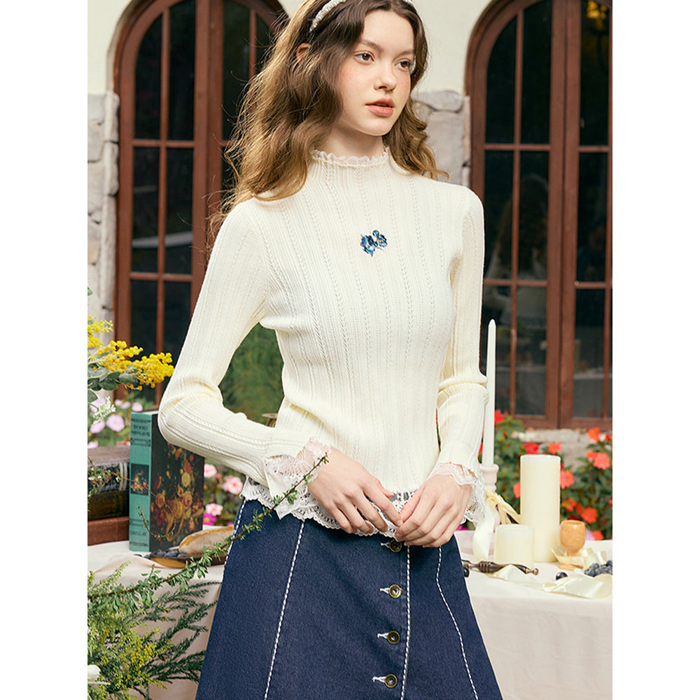 アイリスの花の刺繍ニットトップス