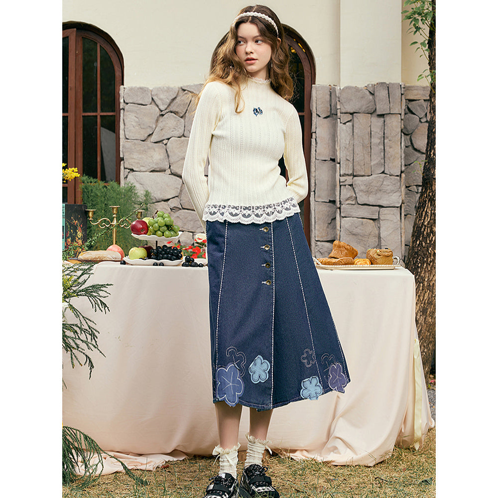 アイリスの花の刺繍ニットトップス