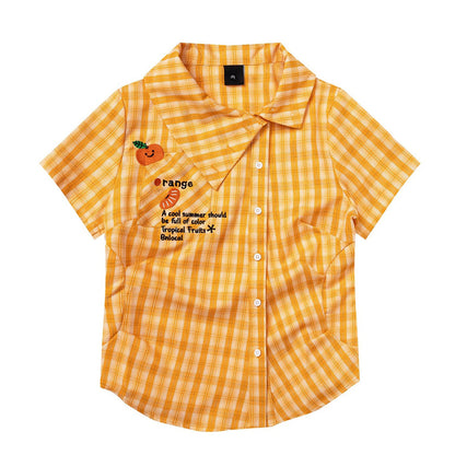 蜜柑の刺繍アシンメトリーシャツ - Orange Check