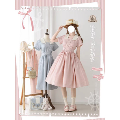 桜色の縦縞クラシカルワンピース