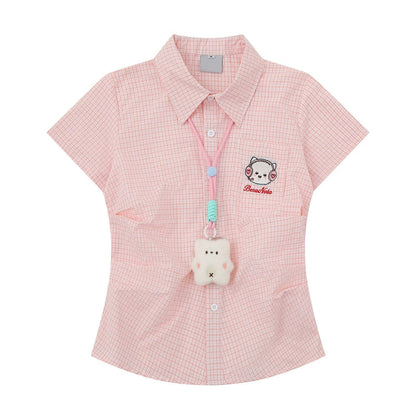 子猫の刺繍チェックシャツ - Pink Check