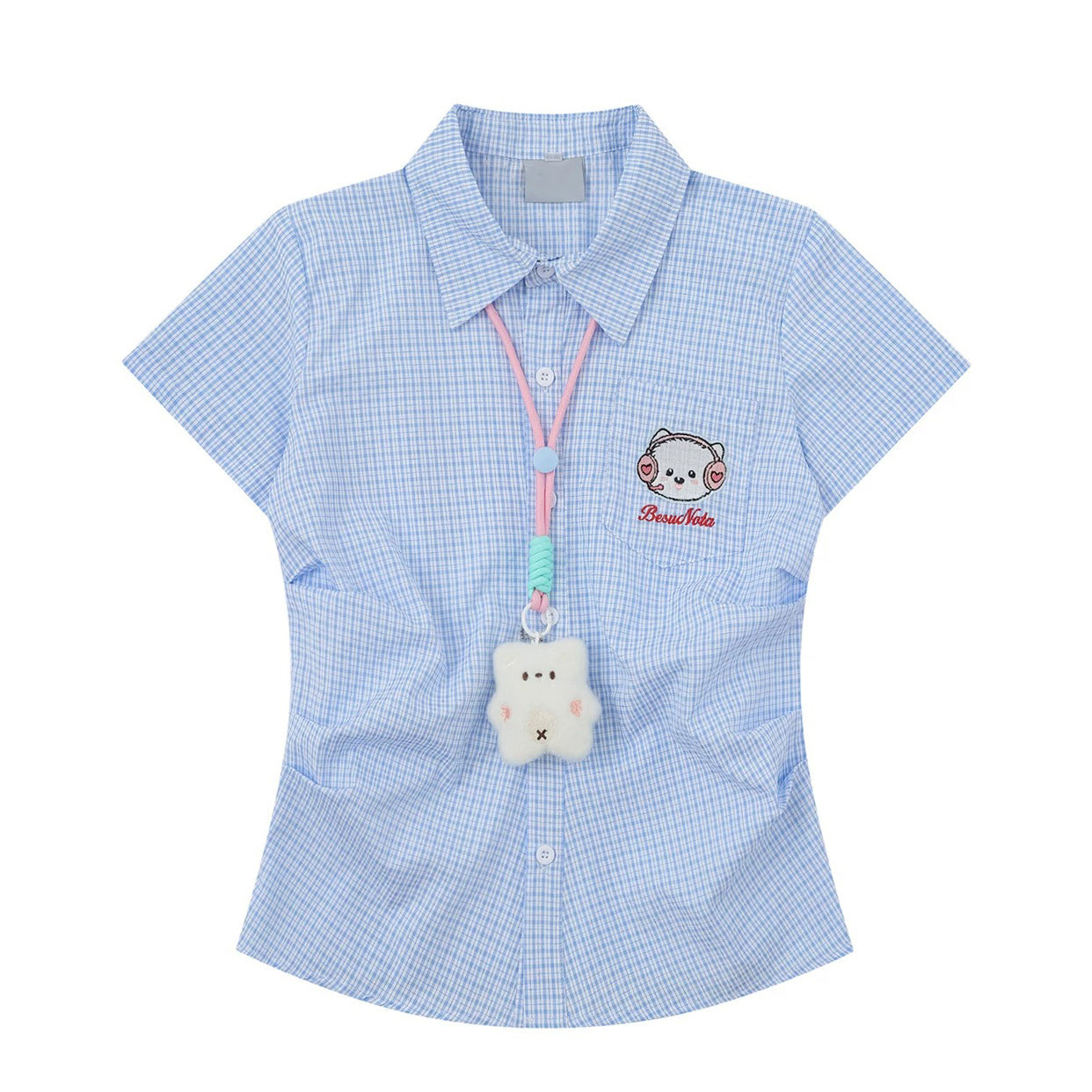 子猫の刺繍チェックシャツ - Sky Blue Check