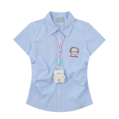 子猫の刺繍チェックシャツ - Sky Blue Check