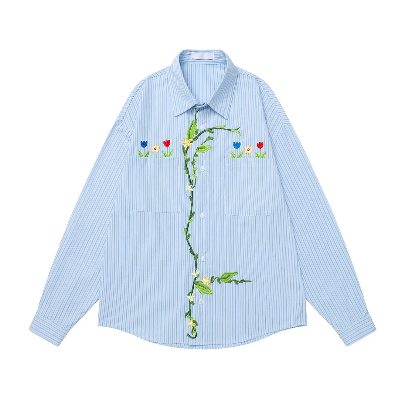 草花の刺繍ブラウス - Light Blue