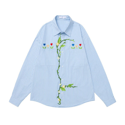 草花の刺繍ブラウス - Light Blue