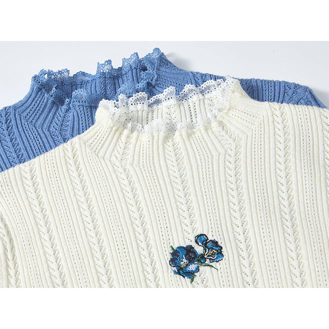 アイリスの花の刺繍ニットトップス