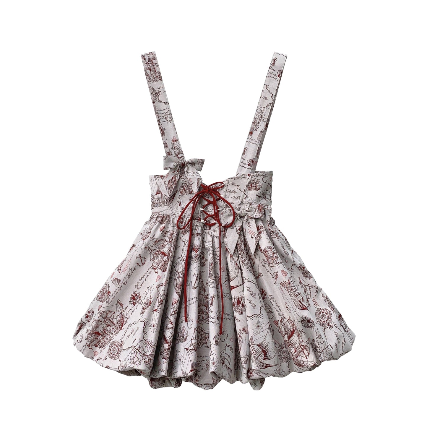 帆船と羅針盤の線画ストラップバルーンスカートとブラウス - Wine Red