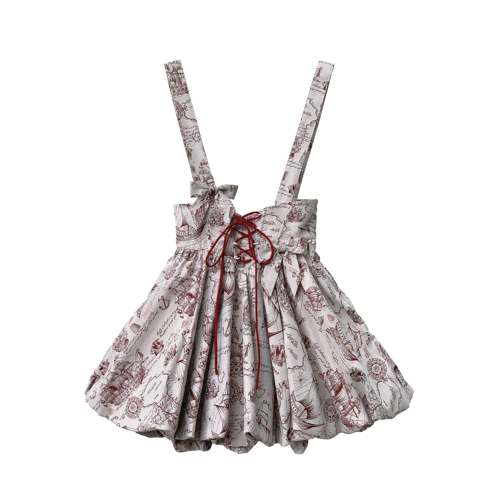 帆船と羅針盤の線画ストラップバルーンスカートとブラウス - Wine Red