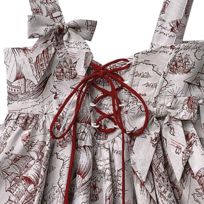 帆船と羅針盤の線画ストラップバルーンスカートとブラウス - Wine Red