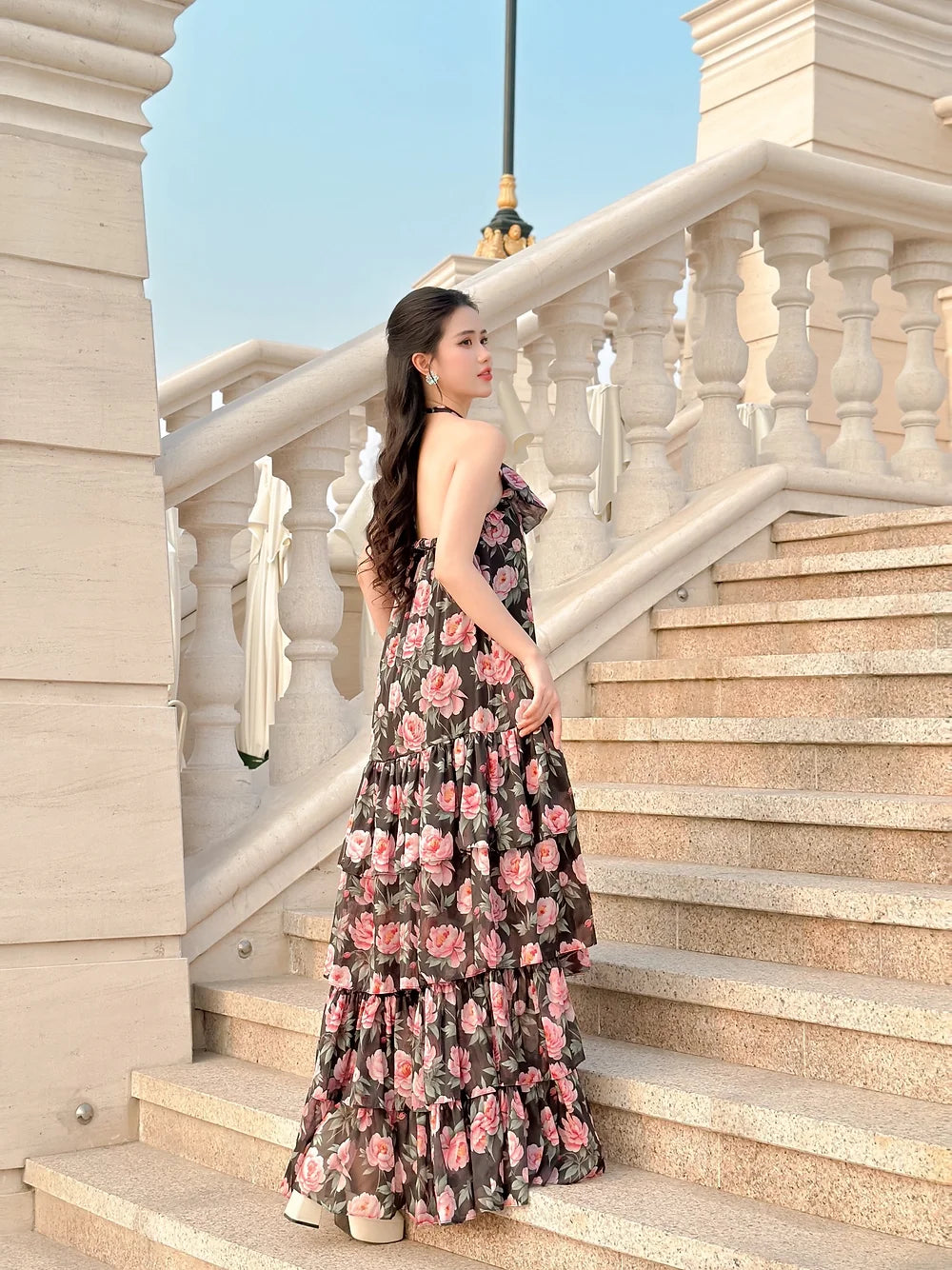 high waist irregular sexy and elegant printed long dress