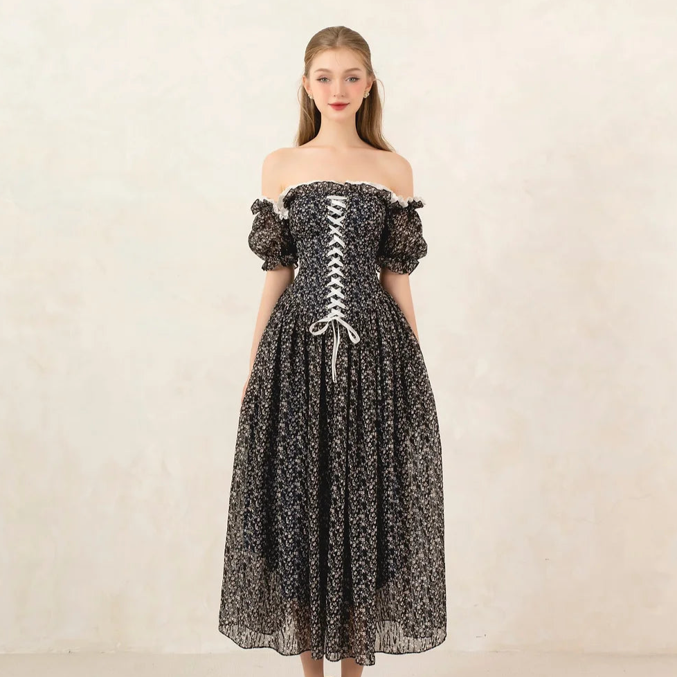retro-style lace one-shoulder floral strap dress