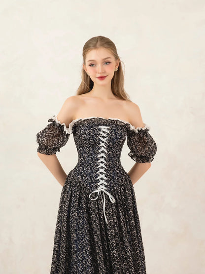 retro-style lace one-shoulder floral strap dress