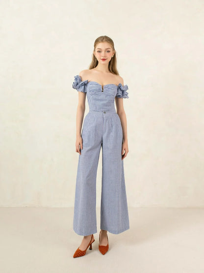 one-shoulder pleated tube top trousers setup