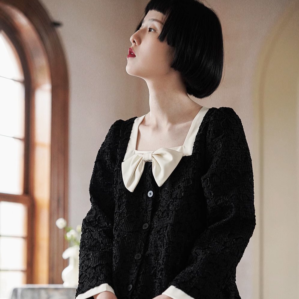 French girly square neck bow dress black skirt