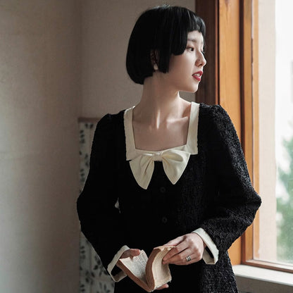 French girly square neck bow dress black skirt