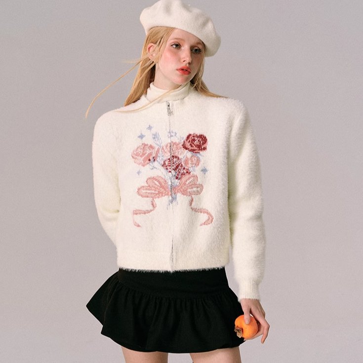 Gift Sweater Mink Velvet Jacquard Zip Knit Cardigan