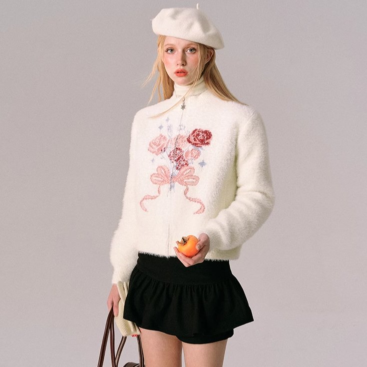 Gift Sweater Mink Velvet Jacquard Zip Knit Cardigan
