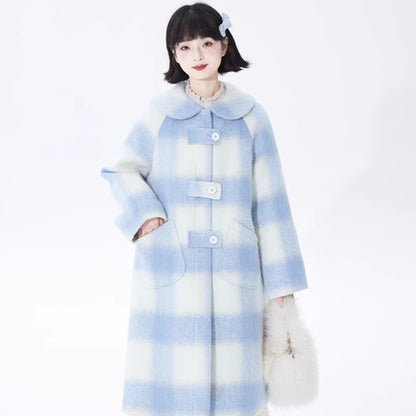 Good Tailored Blue and White Plaid Woolen Coat