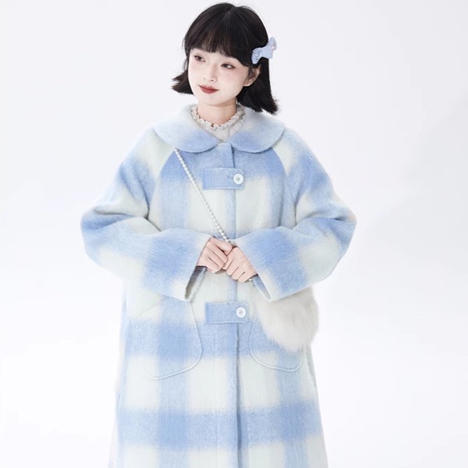 Good Tailored Blue and White Plaid Woolen Coat