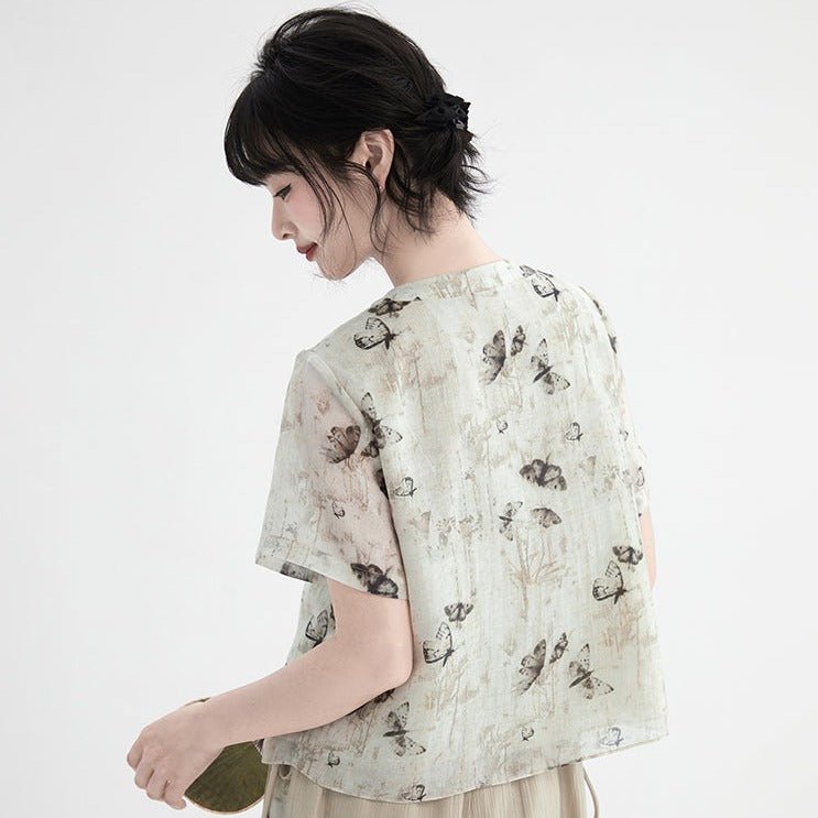 Ink painting butterfly print short-sleeved collar slanted shirt