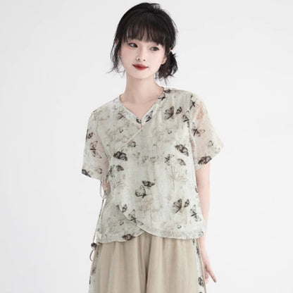 Ink painting butterfly print short-sleeved collar slanted shirt