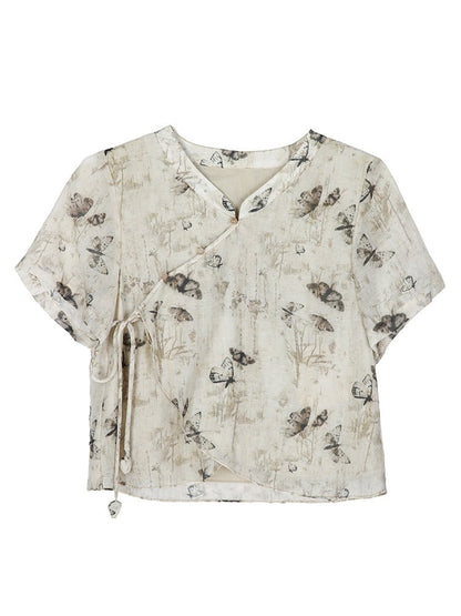 Ink painting butterfly print short-sleeved collar slanted shirt