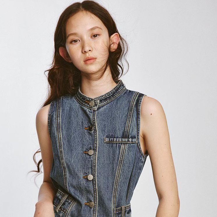 Jeans lover pressing stand-up collar waist denim dress