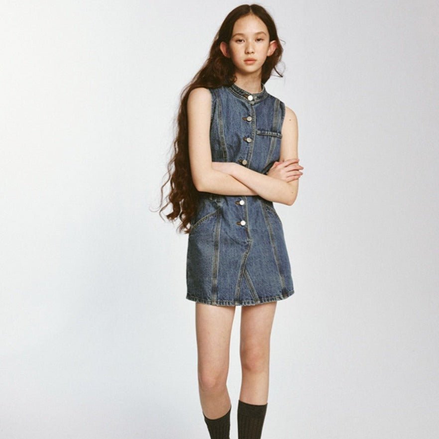 Jeans lover pressing stand-up collar waist denim dress