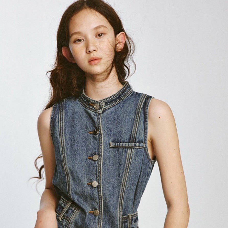 Jeans lover pressing stand-up collar waist denim dress